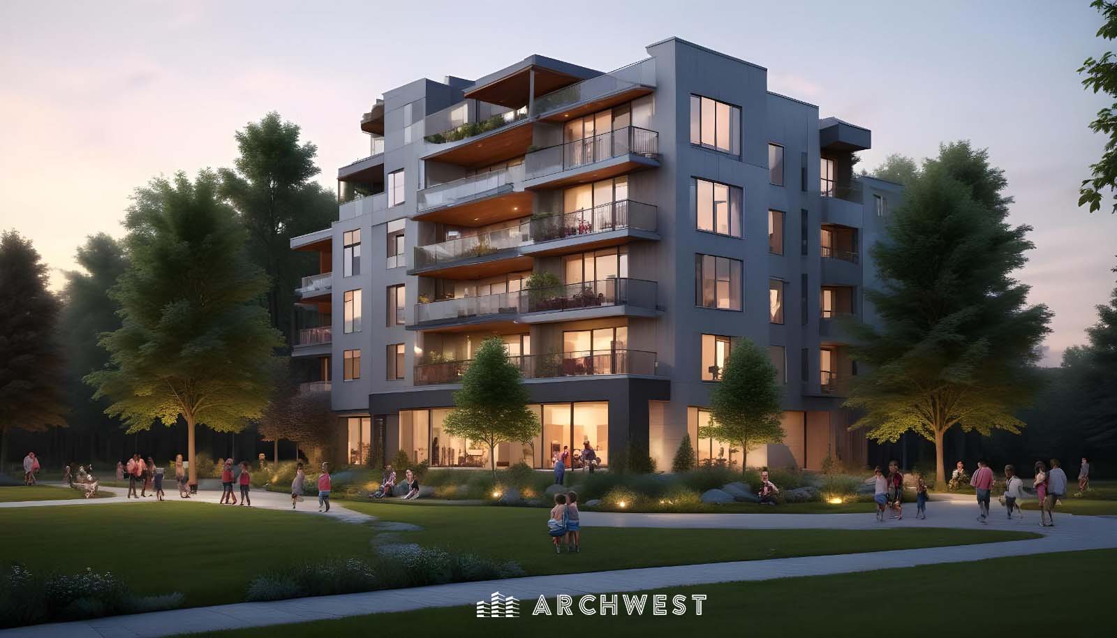 12. 3D Render of Modern apartment with community green space, Seattle
